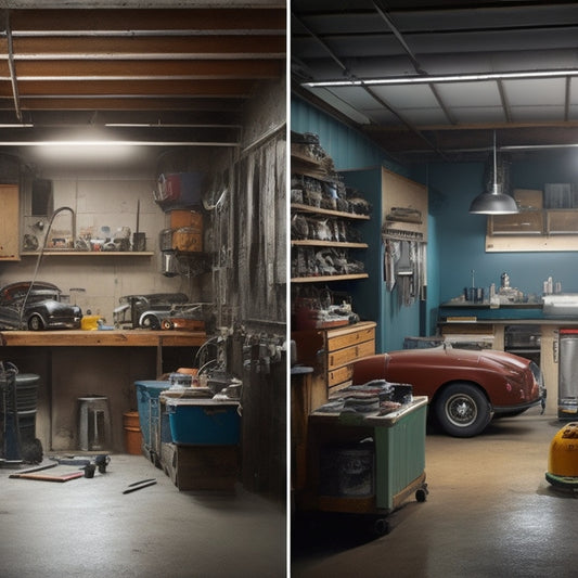 A split-screen illustration featuring a cluttered, worn-down block garage on one side and a renovated, organized space with sleek tools and equipment on the other, with a subtle timeline arc connecting both scenes.