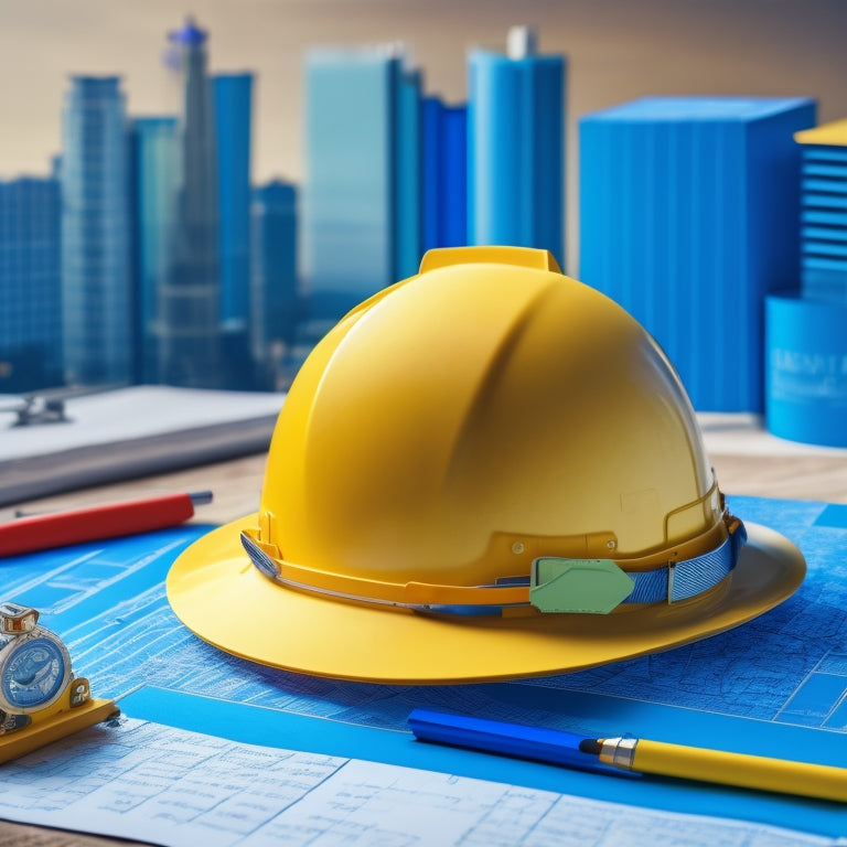 A clean and modern illustration depicting a large, unfolded blueprint with colorful sticky notes, pens, and a miniature construction helmet, surrounded by a subtle cityscape background.