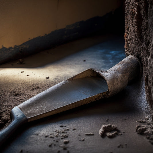 A worn, rusty trowel lies broken on a cracked, dirty floor, beside a pile of crumbling plaster, contrasting with a shiny, new, high-quality trowel on a clean, renovated wall in the background.