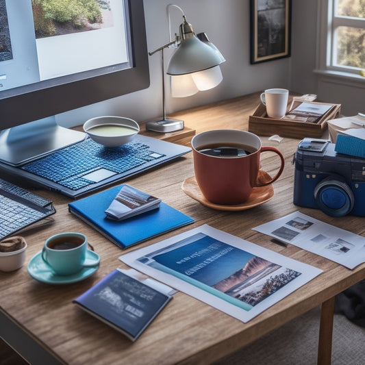 A cluttered home office desk with a laptop, scattered papers, and a cup of coffee, surrounded by renovation catalogs and paint swatches, with a spreadsheet open on the laptop screen.