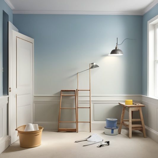 A well-lit, renovated room with smooth, white plaster walls, a putty knife, a hawk, a trowel, a bucket of joint compound, and a ladder in the corner, with a subtle background of renovation tools.