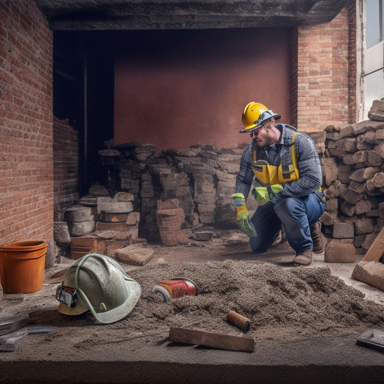 A messy brick wall renovation site with scattered bricks, tools, and debris; a worker in the background wearing a hard hat, safety glasses, dust mask, and gloves, amidst a heap of safety gear.