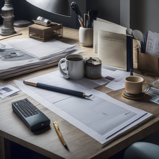 A cluttered desk with a laptop, scattered papers, and a pencil holder, surrounded by architectural plans, a hammer, and a tape measure, with a subtle hint of a renovated room in the background.