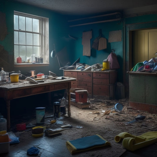 A cluttered, dimly lit room with half-removed old wallpaper, scattered debris, and dusty surfaces, surrounded by various cleaning tools, including a putty knife, scrub brush, and vacuum, in the foreground.