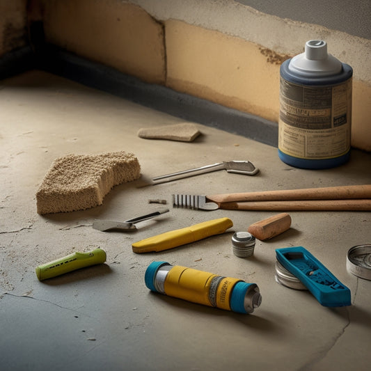 An image featuring a cracked concrete floor or wall with various tool options surrounding it, including a caulk gun, putty knife, and patching compound, on a clean and minimalist background.