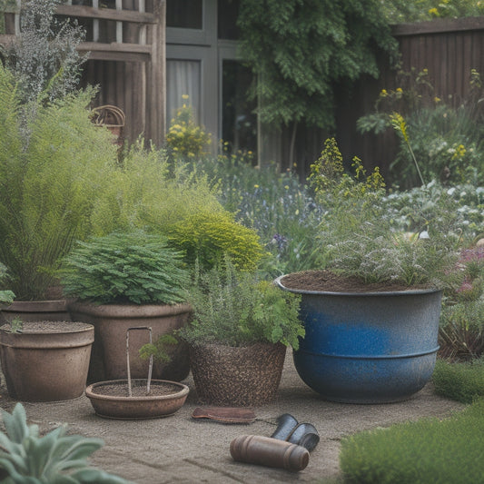 A serene backyard scene with a worn, cracked planter in the foreground, surrounded by scattered gardening tools and a few wilting plants, contrasted with a vibrant, restored planter in the background, overflowing with lush greenery.