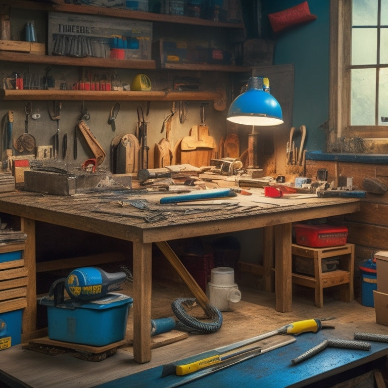 A cluttered, yet organized, workbench with a variety of renovation tools, including a cordless drill, level, tape measure, hammer, and saw, surrounded by scattered blueprints and construction materials.