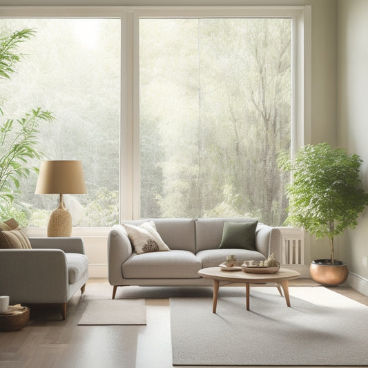 A serene, modern living room with cream-colored block walls, large windows, and a minimalist wooden coffee table, surrounded by lush greenery and natural light pouring in.