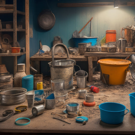 A cluttered renovation site with various tools and equipment scattered around, a prominent cinder-filled bucket in the center, surrounded by measuring cups, scales, and a tape measure lying nearby.