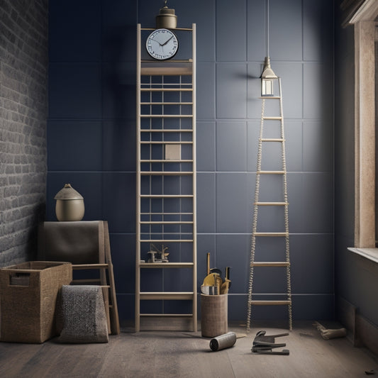 An illustration of a ladder leaning against a wall with a clock in the background, surrounded by scattered tools and construction materials, with a faint outline of a renovated room.