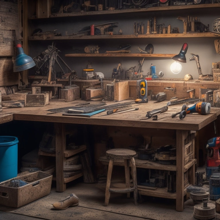 A cluttered workbench with various drilling tools scattered around, including a cordless drill, bits, drivers, and a pegboard with hooks and holders, surrounded by DIY home renovation materials like wood planks and pipes.
