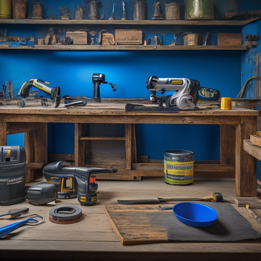 A clutter-free workshop background with a variety of finishing tools, including a cordless drill, orbital sander, and circular saw, arranged on a wooden workbench with a measuring tape and level nearby.