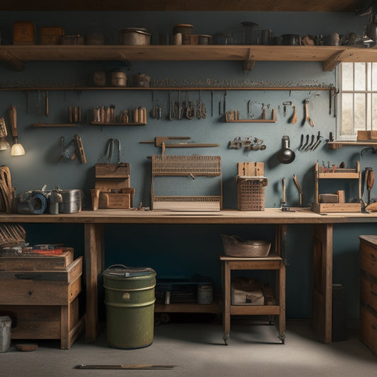 A clutter-free workshop with a mix of old and new tools, organized on pegboards and in labeled bins, with a vice and workbench in the center, surrounded by soft, natural light.