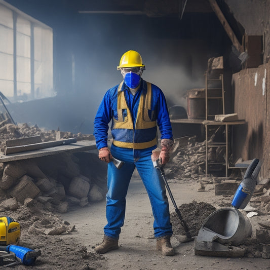 An image featuring a person wearing a dust mask, safety goggles, and a hard hat, standing in front of a partially demolished wall with scattered tools, including a hammer, level, and cordless drill.