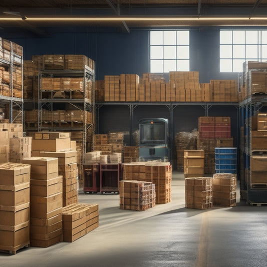 An organized warehouse scene with stacked crates, shelves, and bins labeled with DIY renovation materials like lumber, pipes, and tiles, surrounded by toolboxes and a cityscape in the background.