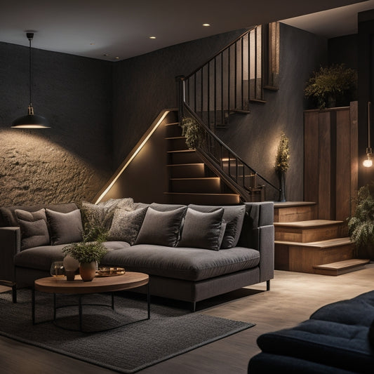 An illuminated, modern basement with a sleek grey stone wall, wooden stairs, and a large, dark-wood finished bar surrounded by plush, beige sofas and a few scattered, stylish lamps.