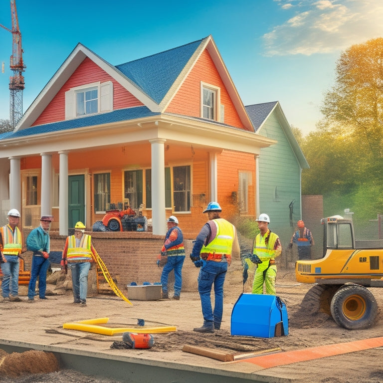 An illustration of a well-organized construction site with a renovated home in the background, featuring hard-hatted workers wearing safety vests, goggles, and gloves, amidst caution tape, cones, and a first-aid kit.