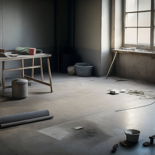 A messy, partially renovated room with a concrete floor, scattered tools, and a prominent concrete trowel in the center, surrounded by faint grid lines and subtle construction marks.