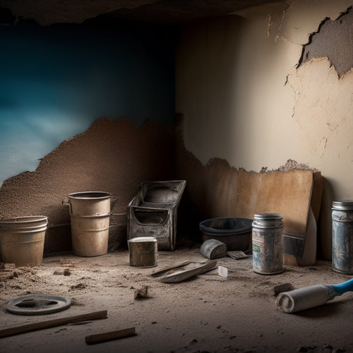 An empty, dusty, and worn-out interior wall with cracks and holes, surrounded by scattered renovation tools and materials, with a can of polyurethane crack filler prominently displayed in the foreground.