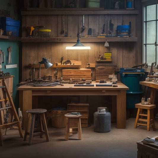 A tidy, well-lit workshop with a variety of budget-friendly leveling tools and materials, including a spirit level, shims, and self-leveling compound, arranged on a wooden workbench amidst scattered renovation plans.