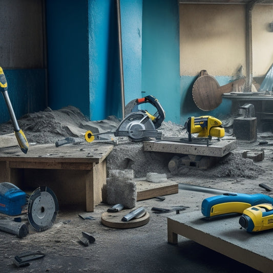 A messy workshop background with scattered concrete dust, a variety of cutting tools laid out, including a diamond blade circular saw, a concrete chainsaw, and a handheld cutter, amidst scattered concrete blocks and debris.