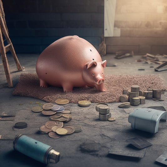 A cracked foundation wall with a broken piggy bank and coins scattered around, surrounded by construction tools and blueprints, with a faint grid of a budget spreadsheet in the background.