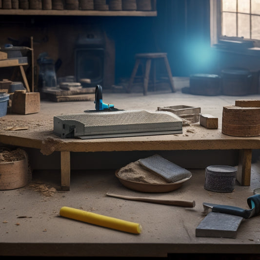 A sawdust-covered workshop table with a brick cutting saw prominently displayed, surrounded by freshly cut bricks, scattered diamond blades, and a measuring tape in the background.