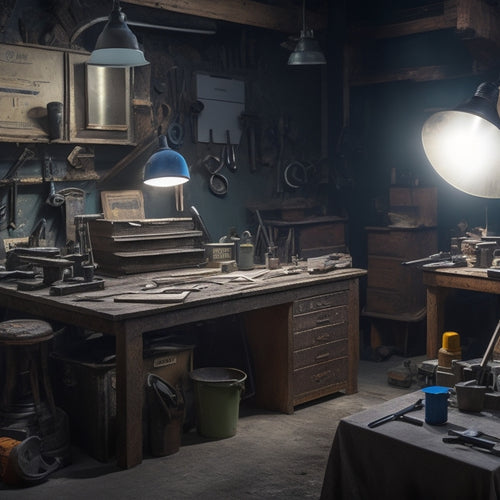 A cluttered workshop background with a workbench center, surrounded by various used renovation tools, with magnifying glasses and flashlights highlighting worn or rusty parts, and a checklist clipboard in the foreground.