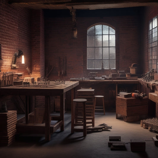 A well-lit, organized workshop with a wooden workbench and several brick jointers of varying sizes, surrounded by neatly arranged bricks, trowels, and level tools, with a subtle hint of renovation in the background.