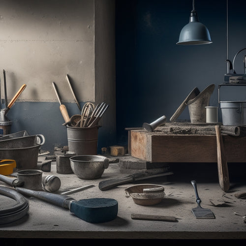 A cluttered workshop table with various concrete tools scattered around, including a trowel, level, and hammer, surrounded by concrete mix buckets, safety goggles, and a partially constructed concrete wall in the background.