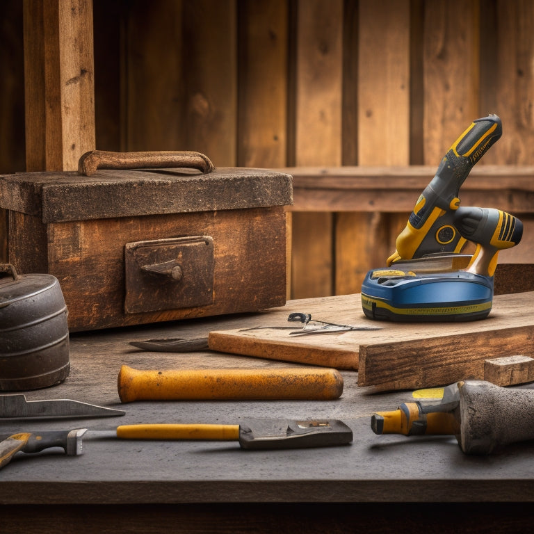 Arrange worn construction tools on a rustic wooden workbench: a cordless drill, level, tape measure, hammer, and utility knife, with a blurred background of a renovation site.
