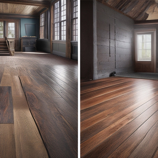 An illustration of a damaged floor with cracks, scratches, and worn-out areas, transitioning into a restored floor with new planks, refinished wood, and a before-and-after timeline in the background.