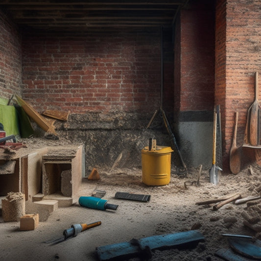 A cluttered construction site with a partially demolished wall, surrounded by scattered renovation tools, including a level, trowel, drill, and hammer, amidst a backdrop of exposed brick, concrete, and wooden studs.