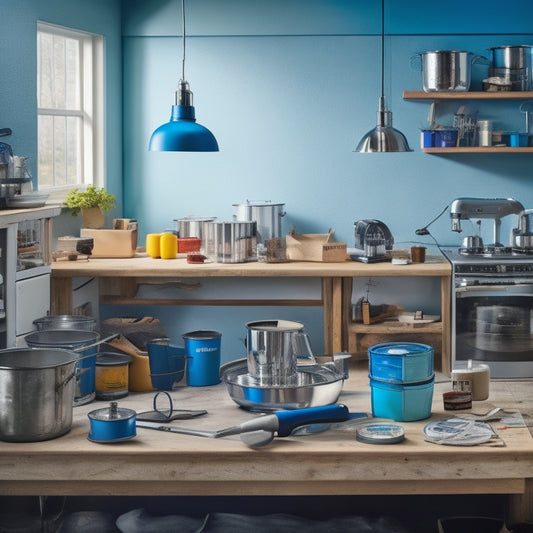 A cluttered but organized workspace with various mixers, including a compact handheld mixer, a stand mixer with a stainless steel bowl, and a cordless mixer, surrounded by renovation materials like paint cans, tools, and DIY blueprints.