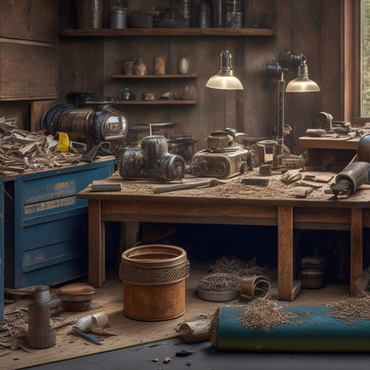 A clutter-free workshop with a variety of grinders, including angle, die, and belt grinders, arranged on a wooden workbench amidst scattered renovation materials like wood shavings, pipes, and tiles.
