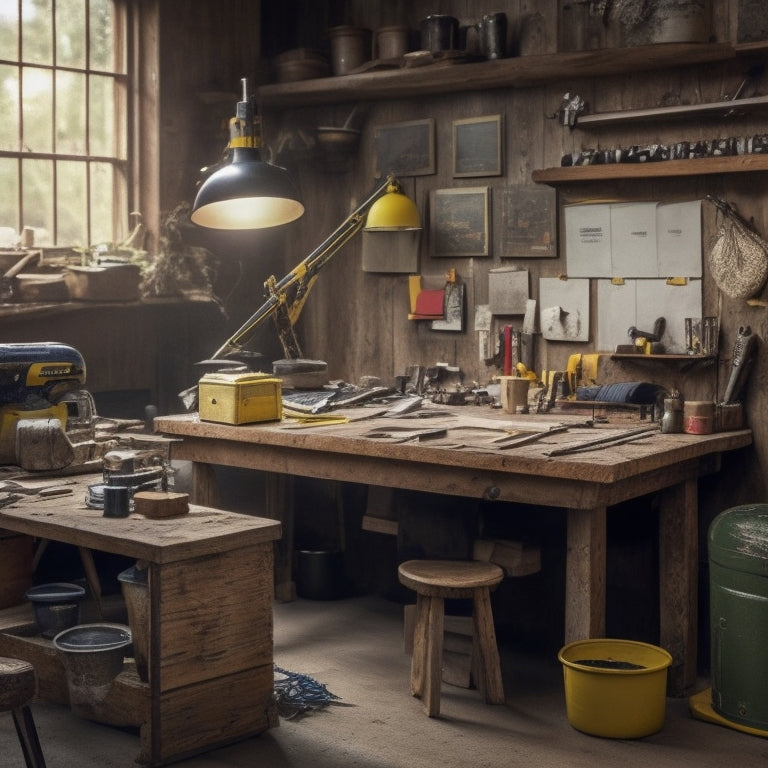 A cluttered yet organized workspace with a half-renovated room in the background, featuring a level, tape measure, hammer, and cordless drill scattered across a worn wooden workbench.