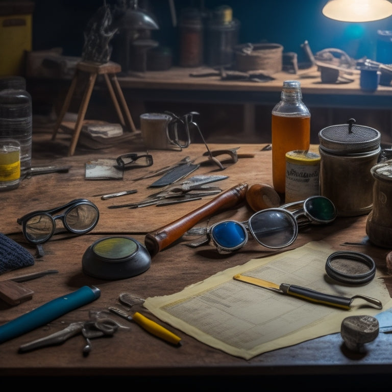 A cluttered workshop table with various tools and renovation materials scattered around a central checklist, with a magnifying glass and a pair of safety goggles lying on top.