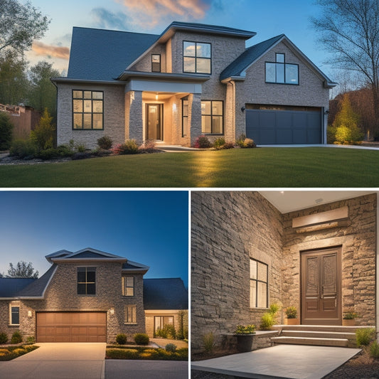 A bright, well-lit, modern home's exterior with a mix of stone, brick, and concrete blocks, showcasing various block sealing products applied, with a subtle before-and-after contrast effect.