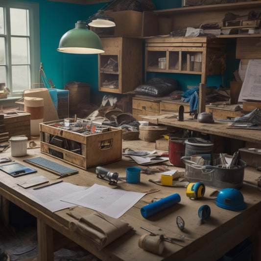 A cluttered but organized workspace with a half-renovated room in the background, featuring a toolbox, level, tape measure, and safety goggles, surrounded by scattered blueprints and renovation plans.