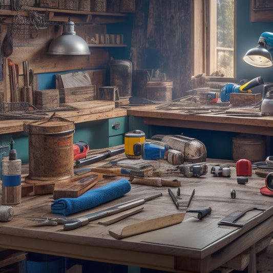 A cluttered but organized workspace with a wooden table, surrounded by essential tools like a cordless drill, level, tape measure, hammer, and safety goggles, amidst renovation materials like lumber and drywall.