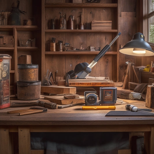 A clutter-free, well-lit workspace with a variety of marking tools, including a laser level, chalk reel, and carpenter's pencil, organized on a wooden workbench amidst renovation plans and materials.