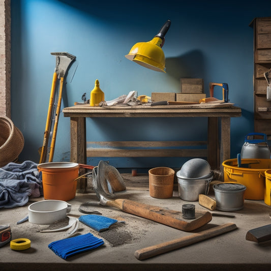 A cluttered workshop background with various tools scattered around, including a trowel, level, mixing bucket, safety goggles, and a concrete block in the center, surrounded by renovation materials like sandpaper, gloves, and a measuring tape.