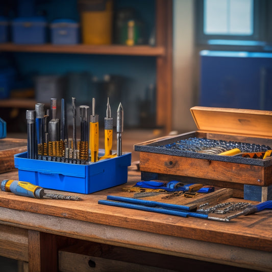 A well-organized workshop bench with various drill bits of different sizes, shapes, and materials, including titanium, cobalt, and steel, arranged neatly in a wooden or metal container, with a blurred power drill in the background.