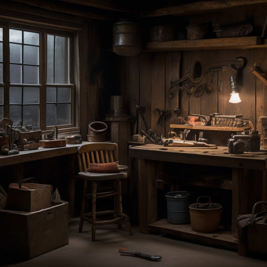 A dimly lit, rustic workshop with scattered DIY renovation tools, featuring a wooden workbench cluttered with various cold weather fillers, including spray foam, caulk, and weatherstripping.
