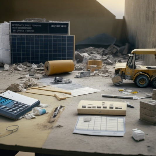 A messy construction site with a half-built wall, scattered cinder blocks, and a calculator lying next to a crumpled blueprint, surrounded by measuring tapes and a builder's level.