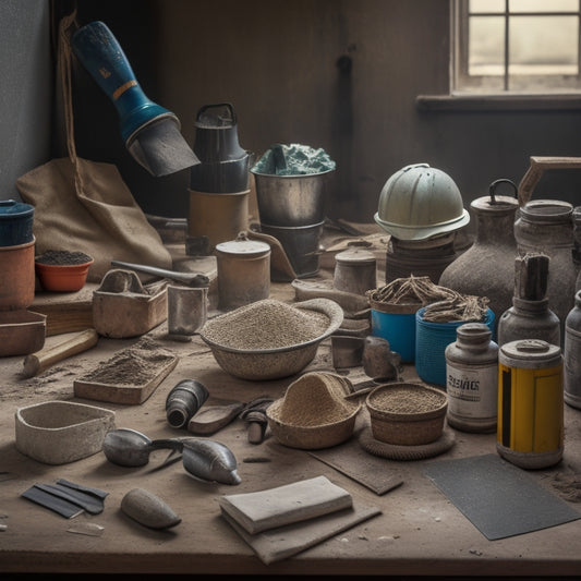 A cluttered workshop table with a variety of stucco renovation tools, including a hawk, trowel, and mixing bucket, surrounded by bags of stucco mix, sandpaper, and safety goggles.
