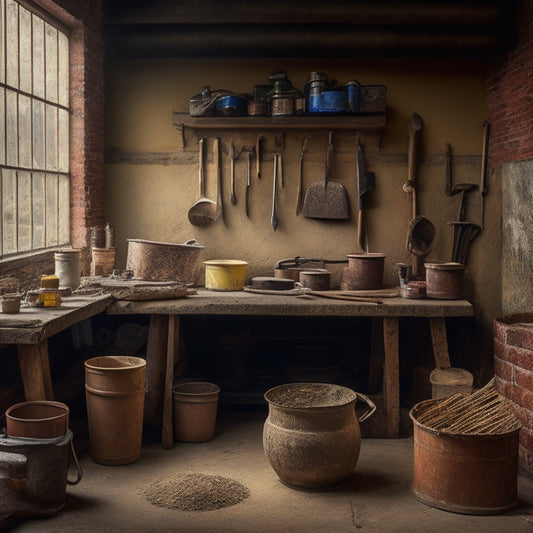 A tidy workshop background with a central, worn wooden workbench, surrounded by neatly arranged bricklaying tools: trowels, spirit levels, joint rakes, and a mixing bucket with a brick-patterned apron draped over it.