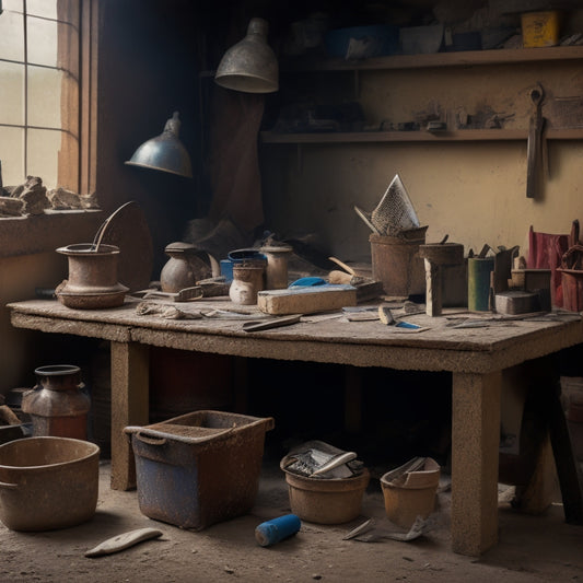 A cluttered workbench with various plastering tools scattered around, including a hawk, trowel, joint knife, and bucket, amidst a backdrop of partially plastered walls with scattered dust and debris.