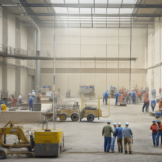 A large, modern renovation site with a plastering machine in the center, spraying plaster onto a wall, surrounded by workers in hard hats, with scaffolding and renovation equipment in the background.