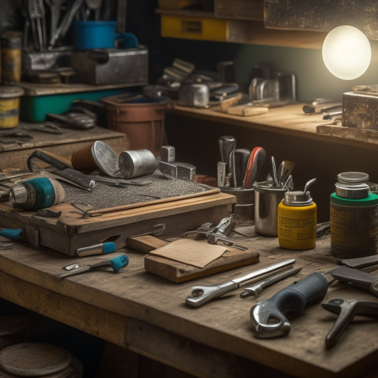 A cluttered workbench with various repair tools, such as wrenches, pliers, and screwdrivers, scattered around a half-opened toolbox, surrounded by renovation plans and scattered coins.